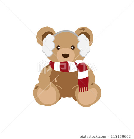 Illustration of a teddy bear wearing a scarf and earmuffs 115159662