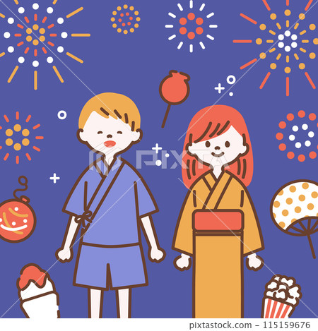 夏季節日圖標集,孩子們穿著浴衣和 jinbei_1 夏季節日圖標集,孩子們穿著浴衣和 jinbei_1 115159676