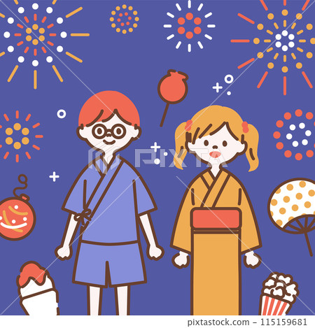 夏季節日圖標集，孩子們穿著浴衣和 jinbei_2 115159681