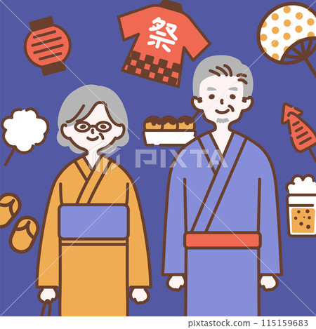 Set of icons of senior men and women wearing yukata and festivals 115159683