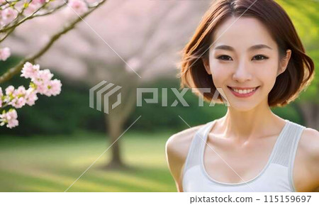 A young woman jogging in a park lined with cherry blossoms 115159697