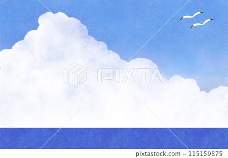 Background of sea, cumulonimbus clouds and seagulls - watercolor touch Background of sea, cumulonimbus clouds and seagulls - watercolor touch 115159875