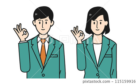 A young man and woman in a suit smiling and making an OK sign A young man and woman in a suit smiling and making an OK sign 115159916