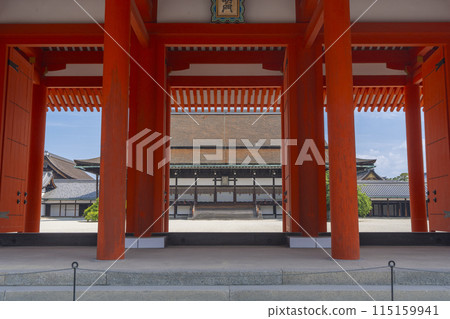 Kyoto Imperial Palace in the season of fresh greenery: Shishinden Hall as seen from the Jomeimon Gate 115159941