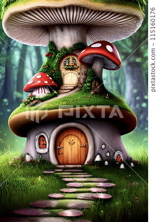 Fairy tale art: Mushroom house, AI-generated image, fantasy, vertical position 115160176