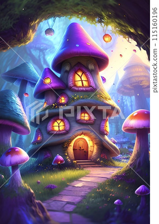 Fairy tale art: Mushroom house, AI-generated image, fantasy, vertical position 115160196