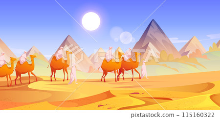 People with camels in caravan in dessert 115160322
