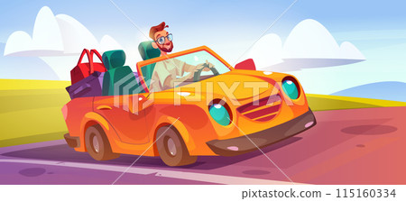 man drive in cabriolet car with baggage on road 115160334