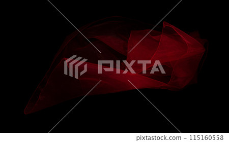 Red organza fabric flying in curve shape, Piece of textile Red organza fabric throw fall in air. Black background isolated, dark shading environment 115160558