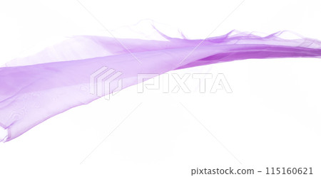 Purple Violet Organza fabric flying in curve shape, Piece of textile blue sky organza fabric throw fall in air. White background isolated motion blur 115160621