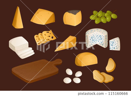 Big set of different types of cheeses and other appetizers and items for wine on a brown background. Vector illustration in realistic style 115160666