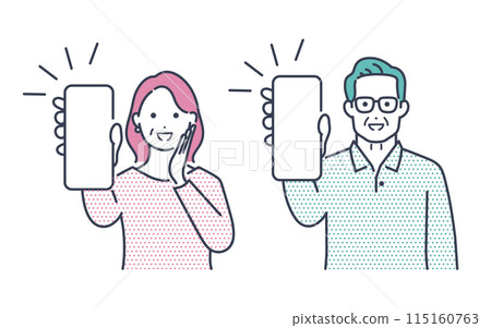 一位老人和一位婦女舉起智慧型手機的插畫素材 115160763