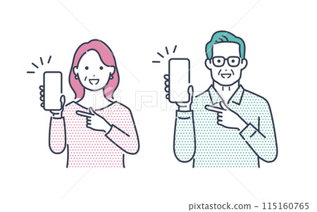 Illustration material of senior men and women showing and pointing at their smartphones 115160765