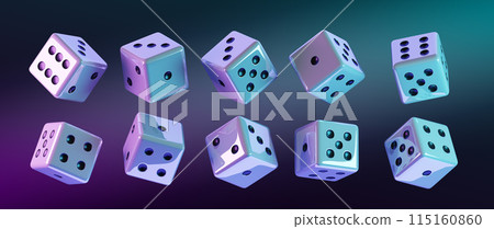 3d set of white play casino game cube dice in neon light on dark black background. Lucky die roll in backgammon or craps isolated render icons. Symbol of gambling, fortune and betting. 3D illustration 115160860