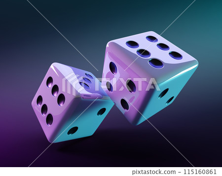 Neon 3d play casino game cube dice on dark black background render. Two white die roll with random numbers in motion. Night banner for vip gambling and board games, Vegas online app. 3D illustration 115160861