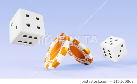 Casino 3d blue background with flying poker game chips and dice. Realistic render of golden gambling tokens and white cubes in motion. Lucky die roll, jackpot, online betting concept. 3D illustration 115160862