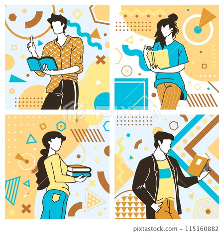 Creative geometric cards. Cartoon young characters. Casual people read book. Abstract Memphis figures. Woman studying. Man relaxing with literature. University education. Vector square banners set Creative geometric cards. Cartoon young characters. Casual people read book. Abstract Memphis figures. Woman studying. Man relaxing with literature. University education. Vector square banners set 115160882