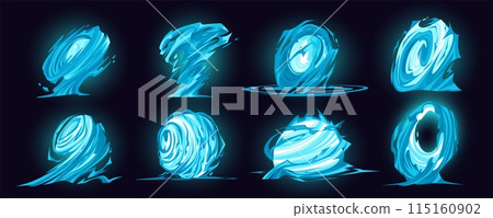 Tornado game effect. Comic VFX. Storm vortex. Cartoon twister icon. Blue whirlwind. Cyclone funnel. Shiny swirl. Magic wind move. Portal spiral twirl. Energy power video animation elements vector set Tornado game effect. Comic VFX. Storm vortex. Cartoon twister icon. Blue whirlwind. Cyclone funnel. Shiny swirl. Magic wind move. Portal spiral twirl. Energy power video animation elements vector set 115160902