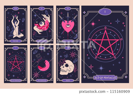 Tarot cards. Moon magic. Sun witchcraft. Mystic pentacle star. Esoteric celestial design. Oracle divination. Occult skull. Gypsy heart. Witchy Boho backgrounds. Vector graphic spiritual posters set Tarot cards. Moon magic. Sun witchcraft. Mystic pentacle star. Esoteric celestial design. Oracle divination. Occult skull. Gypsy heart. Witchy Boho backgrounds. Vector graphic spiritual posters set 115160909