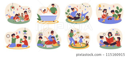 Family playing. Home games. Happy parents with kids. House leisure. Mother reading book to girls. Father bathing baby. Mom cooking together with boy. People lifestyle. Vector tidy fun activities set Family playing. Home games. Happy parents with kids. House leisure. Mother reading book to girls. Father bathing baby. Mom cooking together with boy. People lifestyle. Vector tidy fun activities set 115160915