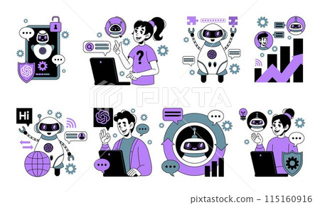 AI robot. Chat GPT. Assistant bot software. Artificial intelligence technology. Digital chatbot. People and computer communication. Automated work. Smartphone infographic UX. Vector tidy concepts set AI robot. Chat GPT. Assistant bot software. Artificial intelligence technology. Digital chatbot. People and computer communication. Automated work. Smartphone infographic UX. Vector tidy concepts set 115160916