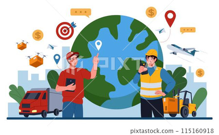 Cargo export. Delivery service. Global import tracking. Freight storage. International logistics. Transportation icons. People on warehouse. Plane and truck traffic infographic. Vector tidy concept 115160918