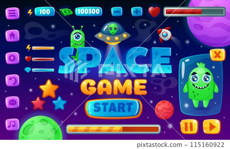 Game UI. Cartoon space arcade interface. Galaxy adventure. Gamers icons. Start level logo. Menu board design. Alien character. Spaceship winner. Playing signs. GUI elements set. Vector tidy background 115160922