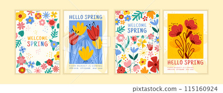 Spring graphic pattern. Card plant design. Easter holiday, summer poster. Flower abstract. Doodle colorful tulip, blossom botanical, paint bouquet. Farm market invitation. Vector garish design set 115160924