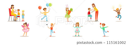 Kids at Party With Painted Face Vector Set 115161002