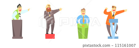 Politic Public Speech with Man Politician Speak from Tribune Vector Set Politic Public Speech with Man Politician Speak from Tribune Vector Set 115161007