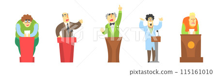 Politic Public Speech with Man Politician Speak from Tribune Vector Set 115161010