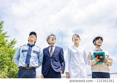 People of various professions (businessmen, engineers, researchers, security guards) looking up at the sky 115161161