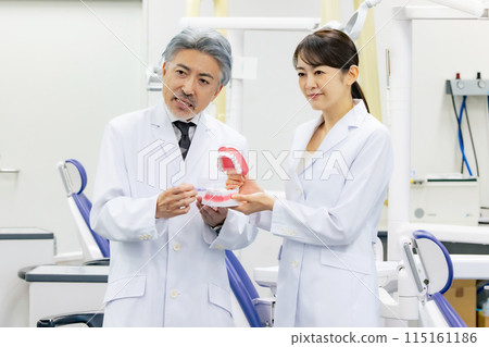 Dentists and dental hygienists giving tooth brushing instructions 115161186