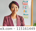 A businesswoman showing documents in front of a whiteboard 115161449