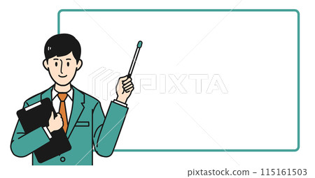 A male business person holding a pointer in front of a whiteboard A male business person holding a pointer in front of a whiteboard 115161503