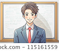 A man in a suit smiling and explaining in front of a whiteboard 115161559