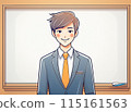 A man in a suit smiling and explaining in front of a whiteboard 115161563