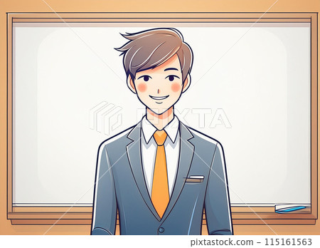 A man in a suit smiling and explaining in front of a whiteboard 115161563
