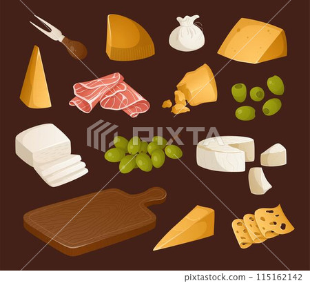 Set of different types of cheeses, fruits and other appetizers for wine on a brown background. Vector illustration in realistic style Set of different types of cheeses, fruits and other appetizers for wine on a brown background. Vector illustration in realistic style 115162142