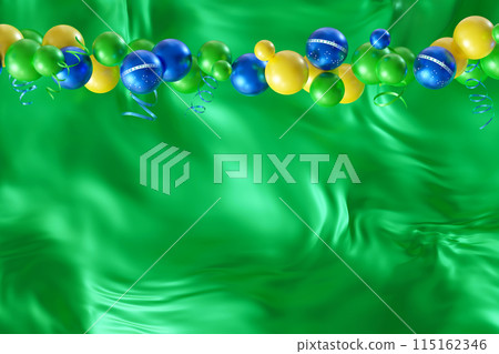 Festive garland of balloons, featuring Brazil national colors of green, yellow, and blue, adorned with the motto Ordem e Progresso. Brazilian Independence Day. Copy space for text. 3D render. 115162346