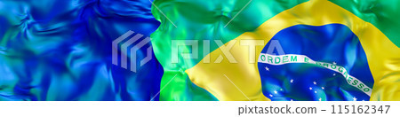 Brazilian national flag with blue yellow and green colors. Brazilian Independence Day concept of patriotism and national pride. Empty, copy space for text, advertising. National holiday in Brazil. 3D. 115162347