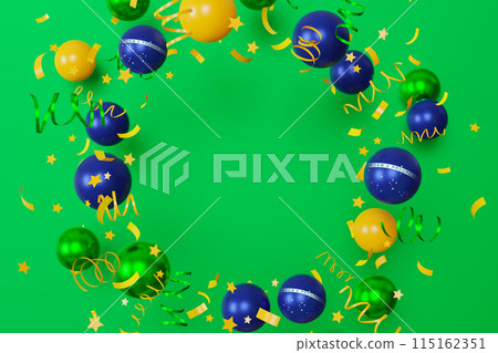 Vibrant balloons in Brazil's national colors, on a bright green background, perfect for Brazilian Independence Day celebrations and festive occasions. Empty, copy space in the middle. 3D render. 115162351