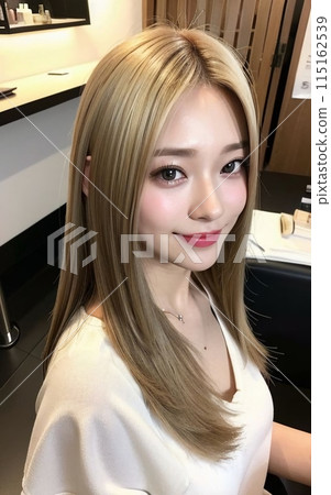 Woman looking in the mirror after a haircut Woman looking in the mirror after a haircut 115162539