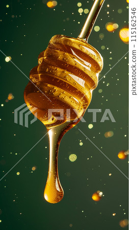 Fresh honey dripping from a wooden honey dipper on a green background 115162546