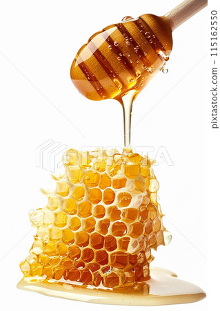 Golden honey dripping from the honeycomb, pure and natural Golden honey dripping from the honeycomb, pure and natural 115162550