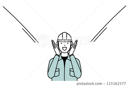 A man wearing a helmet and work clothes calls out to customers with his hand over his mouth 115162577