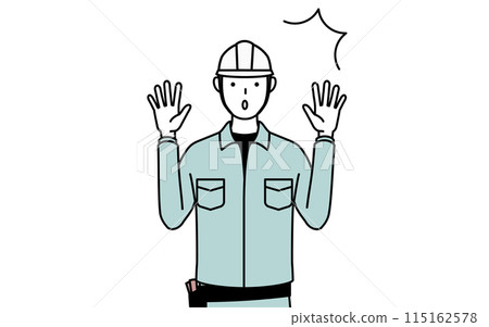 A man in a helmet and work clothes raising his hands in surprise 115162578