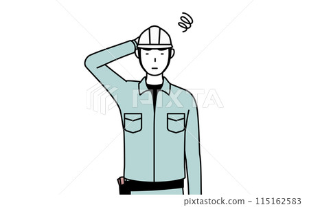 A man wearing a helmet and work clothes scratching his head in confusion A man wearing a helmet and work clothes scratching his head in confusion 115162583