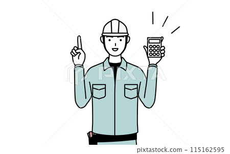 A man in a helmet and work clothes holding a calculator and pointing at it A man in a helmet and work clothes holding a calculator and pointing at it 115162595