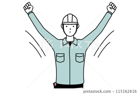 一個戴著頭盔、穿著工作服的男子在做廣播體操 一個戴著頭盔、穿著工作服的男子在做廣播體操 115162616